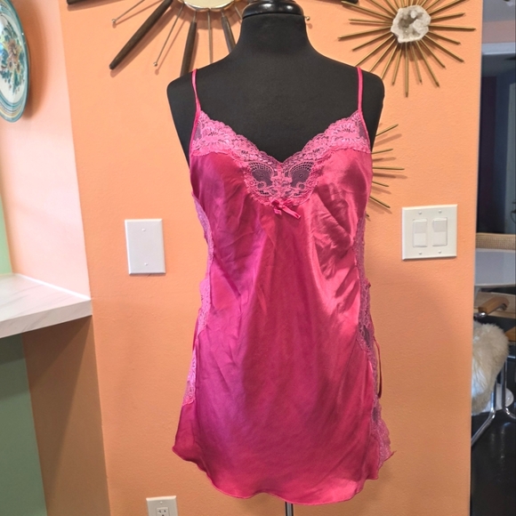 Vintage Other - Vintage Y2K Pink Slip Dress Pink Lace Trim Chemise Satin Feminine Baddie 2000s